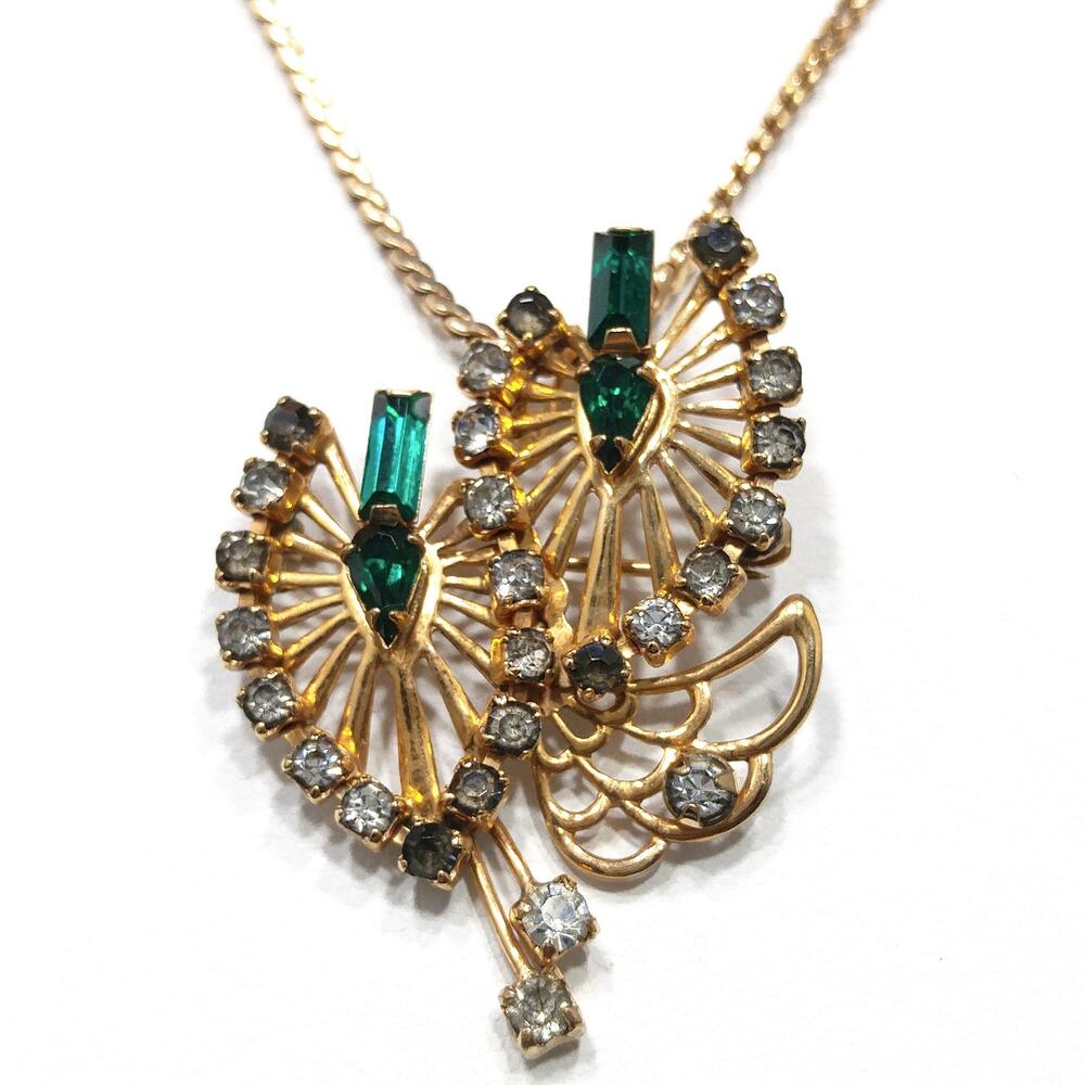 Phyllis Originals Green Rhinestone Pendant Brooch Necklace Gold Filled Paper Tag